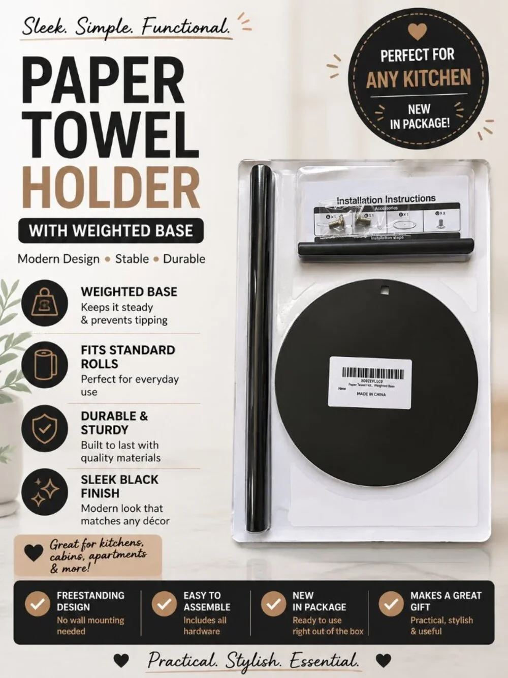 Black Paper Towel Holder Stand Weighted Base Countertop Kitchen Organizer New
